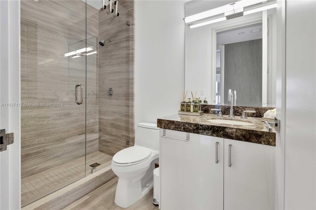 bathroom featuring vanity, walk in shower, and toilet