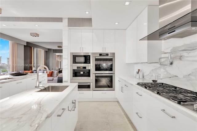 kitchen with wall chimney exhaust hood, sink, appliances with stainless steel finishes, and light stone countertops