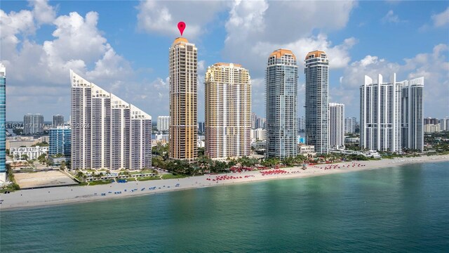 city view featuring a water view and a view of the beach