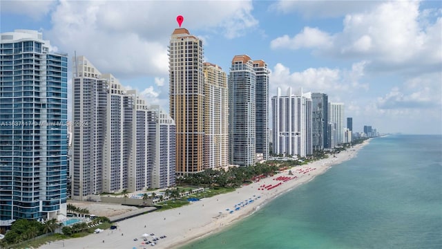 city view featuring a water view and a view of the beach