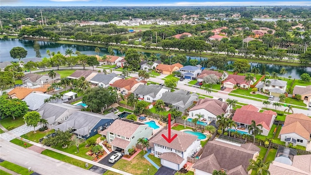 aerial view featuring a water view