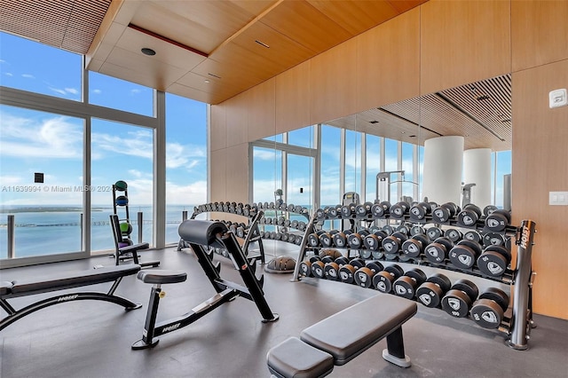 gym with a water view and a wall of windows