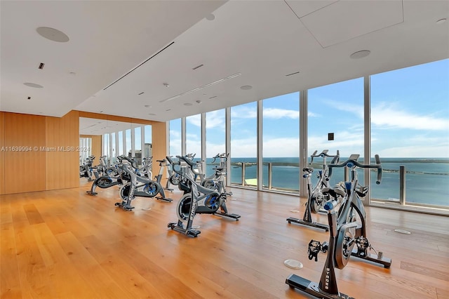 exercise room with expansive windows, a water view, and light wood-type flooring