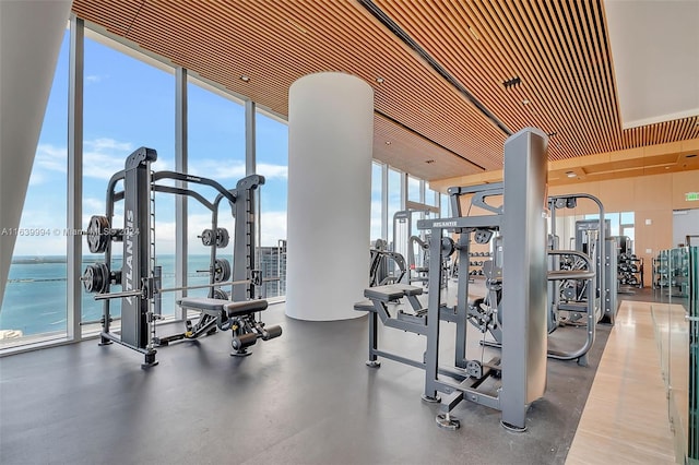 gym featuring a water view and expansive windows