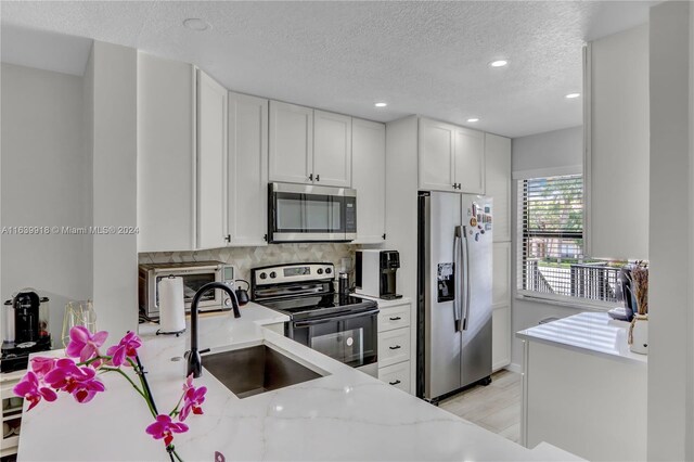 kitchen with decorative backsplash, appliances with stainless steel finishes, light hardwood / wood-style floors, light stone counters, and sink