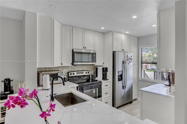 kitchen featuring light stone countertops, a toaster, stainless steel appliances, white cabinetry, and a sink