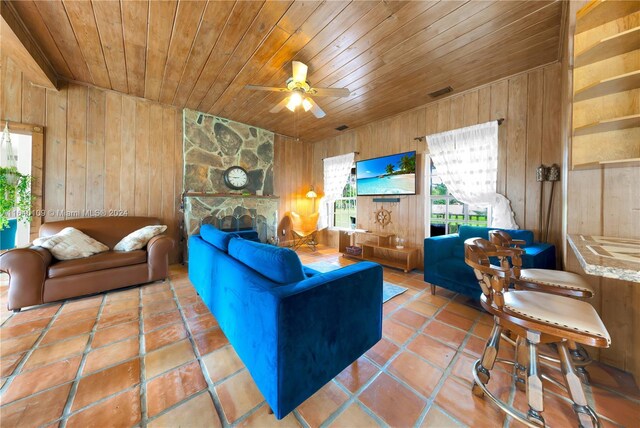 16255 SW 216th St, Miami, FL 33170 - tiled living room with wooden ceiling, wooden walls, a ceiling fan, and a stone fireplace