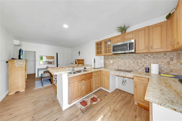 16255 SW 216th St, Miami, FL 33170 - kitchen with stainless steel microwave, a sink, a peninsula, light wood-style floors, and backsplash