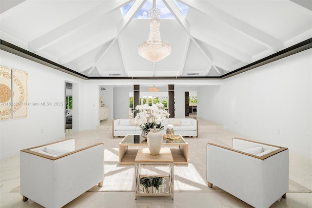 living room featuring beam ceiling, high vaulted ceiling, and french doors