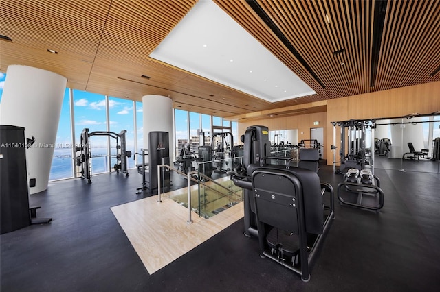 gym featuring a water view and a wall of windows