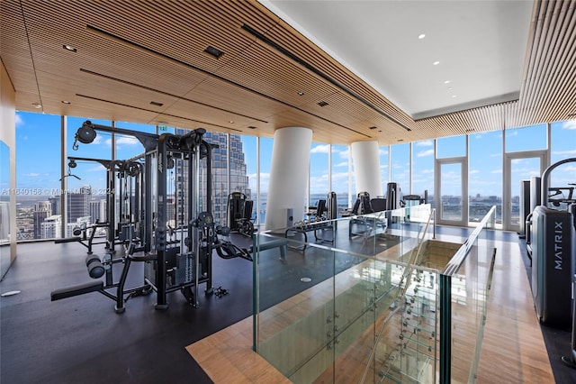 workout area featuring floor to ceiling windows