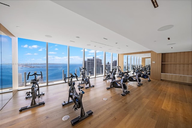 gym featuring light wood-type flooring, floor to ceiling windows, and a water view