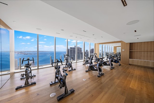 300 Biscayne Blvd Way Unit 2009, Miami, FL 33131 - gym with expansive windows, wood finished floors, and a water view