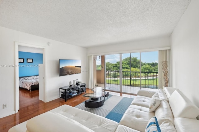 living room with hardwood / wood-style floors, a healthy amount of sunlight, and a textured ceiling