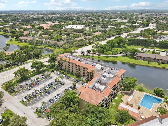 bird's eye view with a water view