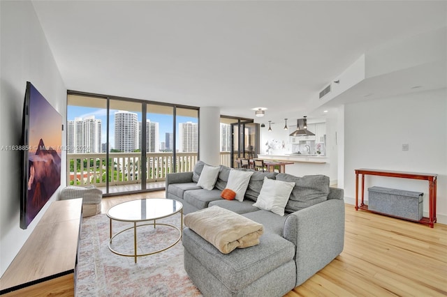 living room with a wall of windows and light hardwood / wood-style flooring