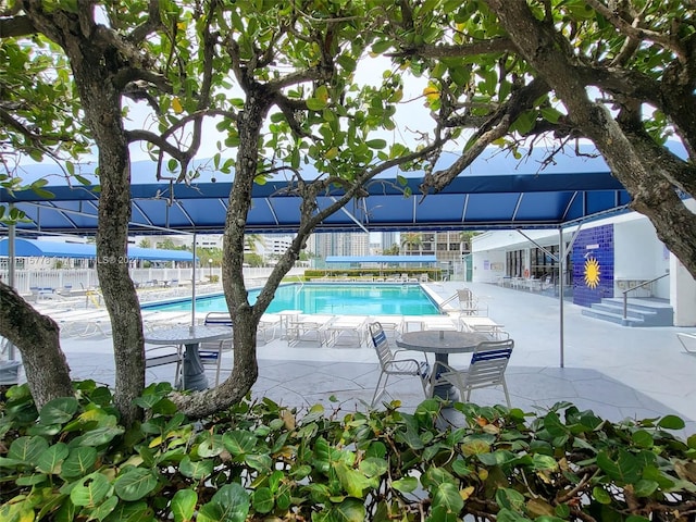 view of swimming pool featuring a patio area