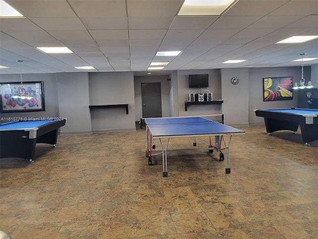 rec room with tile patterned floors, billiards, and a drop ceiling