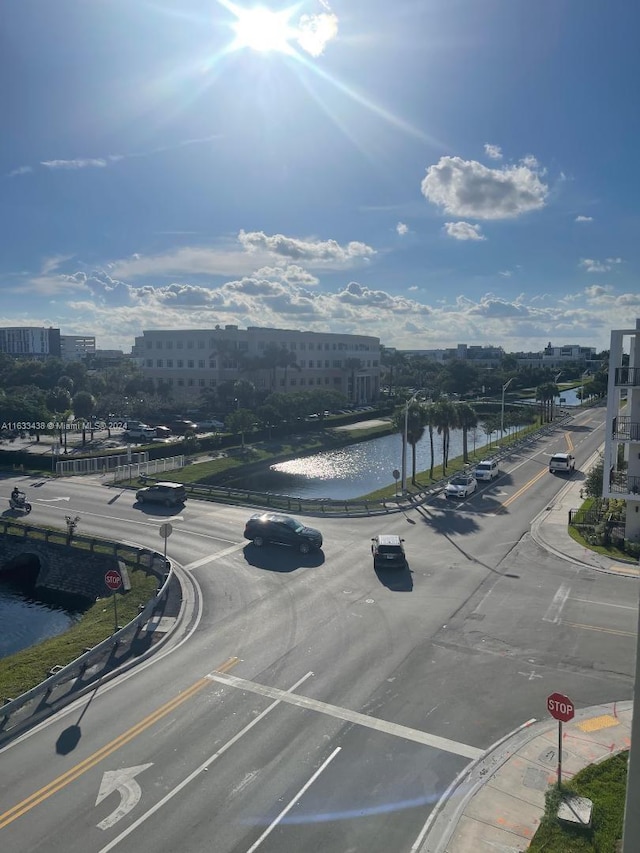 view of street with a water view