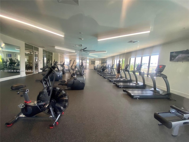 workout area featuring ceiling fan