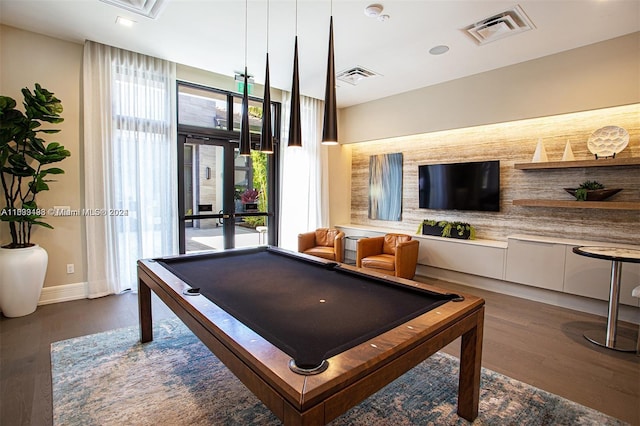 rec room featuring hardwood / wood-style floors, billiards, and plenty of natural light