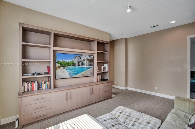 carpeted living room featuring a textured ceiling