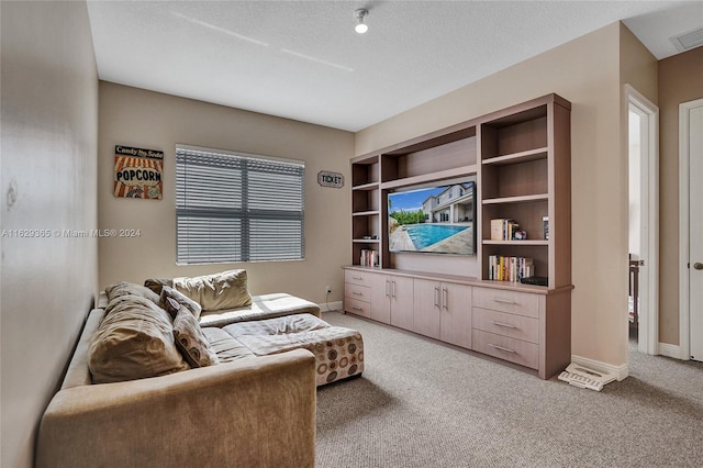 carpeted living room with a textured ceiling and built in shelves