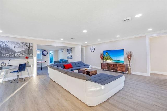 5740 NE 19th Ave, Fort Lauderdale, FL 33308 - living room featuring baseboards, recessed lighting, light wood-style flooring, and ornamental molding