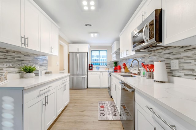 5740 NE 19th Ave, Fort Lauderdale, FL 33308 - kitchen featuring white cabinets, visible vents, light wood finished floors, appliances with stainless steel finishes, and a sink