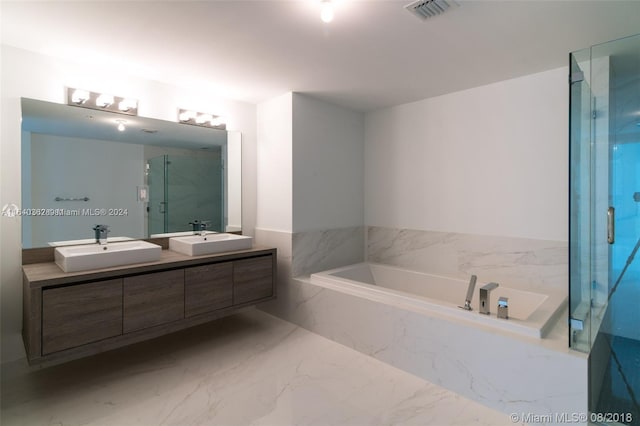 400 Sunny Isles Blvd Unit 1019, Sunny Isles Beach, FL 33160 - bathroom with a bath, double vanity, marble finish flooring, and a marble finish shower