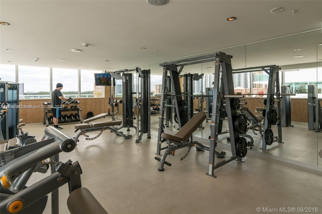 exercise room featuring floor to ceiling windows and a healthy amount of sunlight