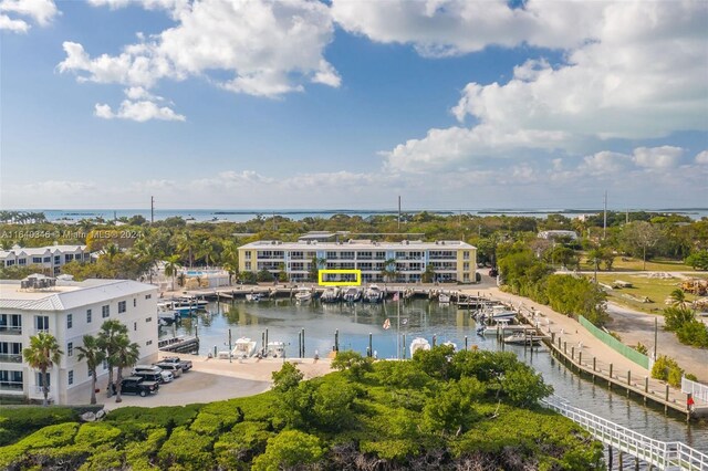 drone / aerial view featuring a water view