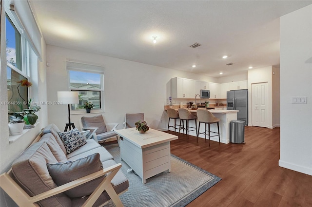 living room with dark hardwood / wood-style flooring