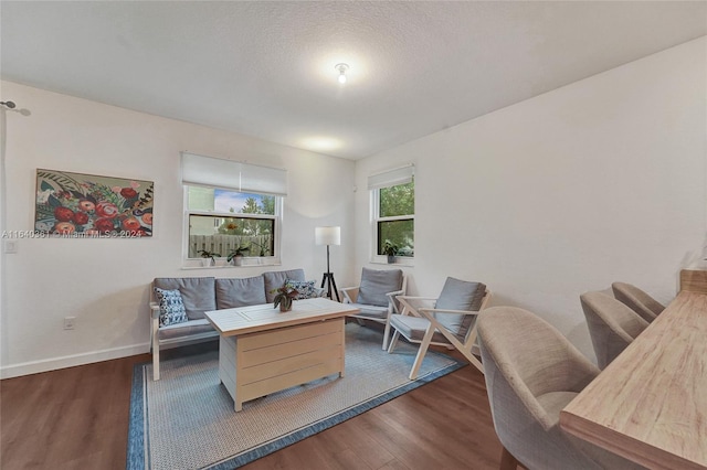 living room with dark hardwood / wood-style floors and a textured ceiling