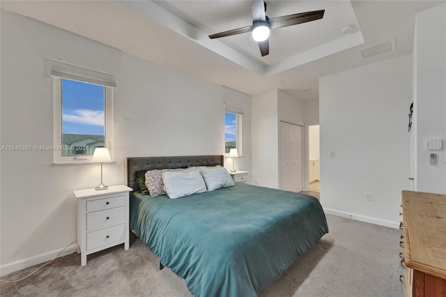 carpeted bedroom featuring ceiling fan, multiple windows, a closet, and a tray ceiling