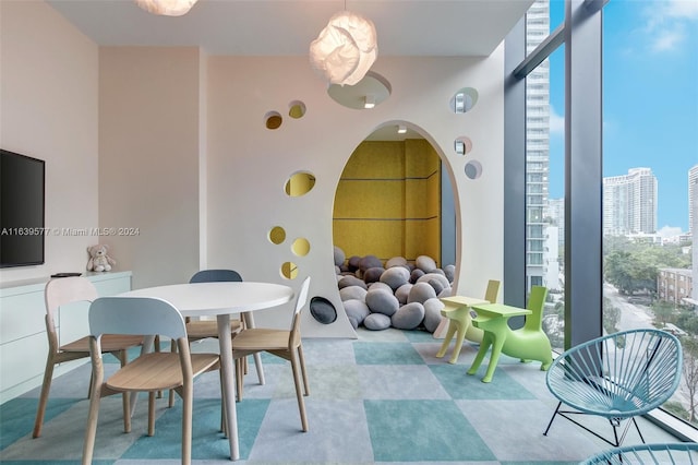 recreation room with floor to ceiling windows and light colored carpet