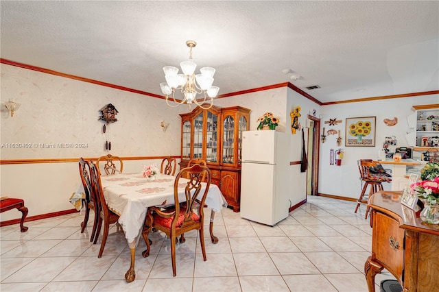 dining room with crown molding, light tile patterned floors, a textured ceiling, and an inviting chandelier