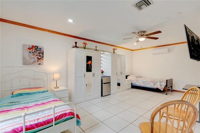 bedroom featuring ceiling fan, light tile patterned floors, crown molding, and a wall mounted air conditioner