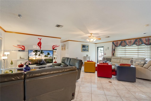 tiled living room featuring crown molding, a textured ceiling, and ceiling fan