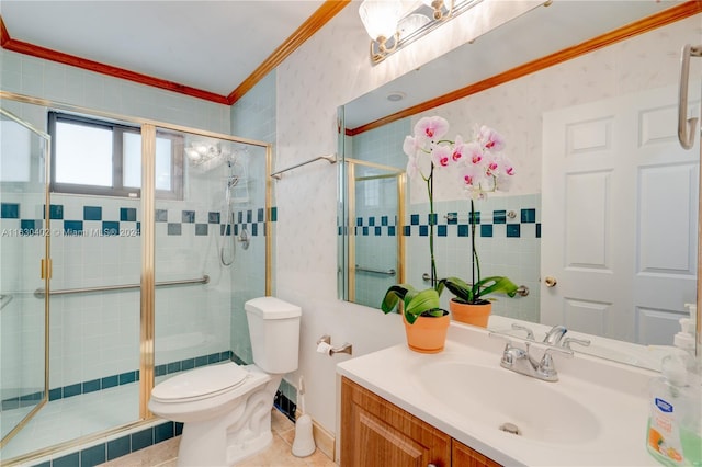 bathroom featuring tile patterned floors, walk in shower, toilet, vanity, and ornamental molding