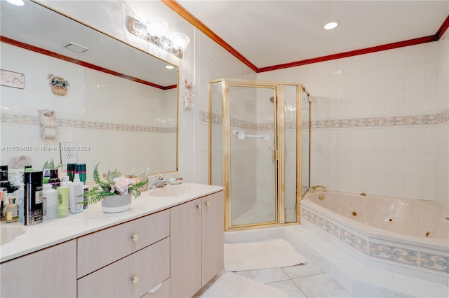 bathroom featuring tile patterned flooring, vanity, separate shower and tub, and crown molding