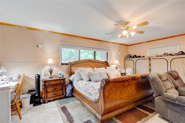 tiled bedroom with crown molding and ceiling fan