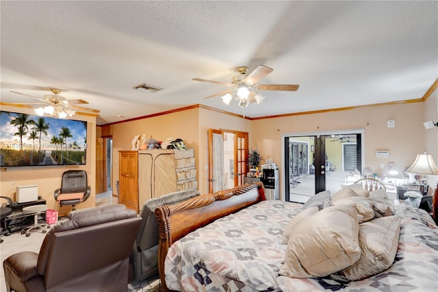 bedroom featuring a textured ceiling, french doors, access to outside, ceiling fan, and ornamental molding