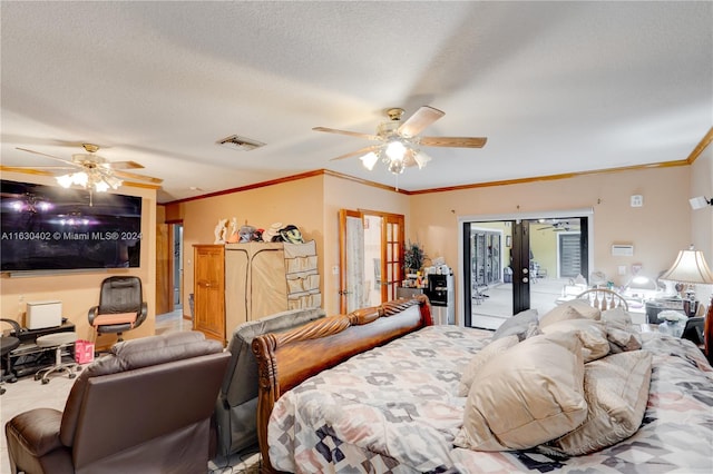 bedroom with french doors, a textured ceiling, access to exterior, and ceiling fan