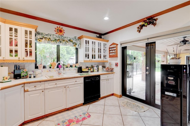 kitchen with dishwasher, crown molding, sink, decorative backsplash, and white cabinetry