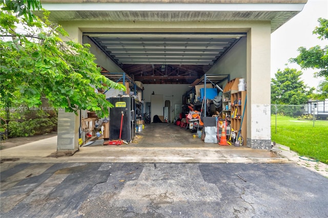 garage with a yard