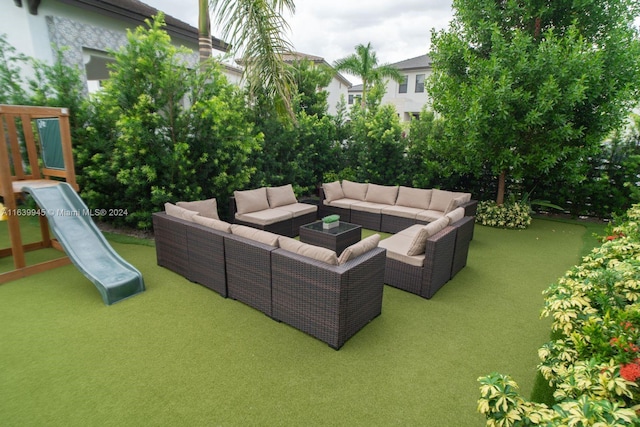 wooden deck with a playground