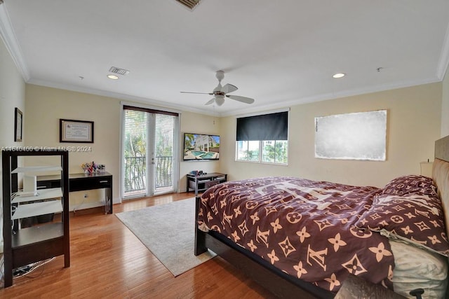 bedroom with access to outside, crown molding, ceiling fan, and light hardwood / wood-style floors