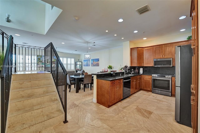 kitchen with decorative backsplash, stainless steel appliances, kitchen peninsula, and light tile patterned floors