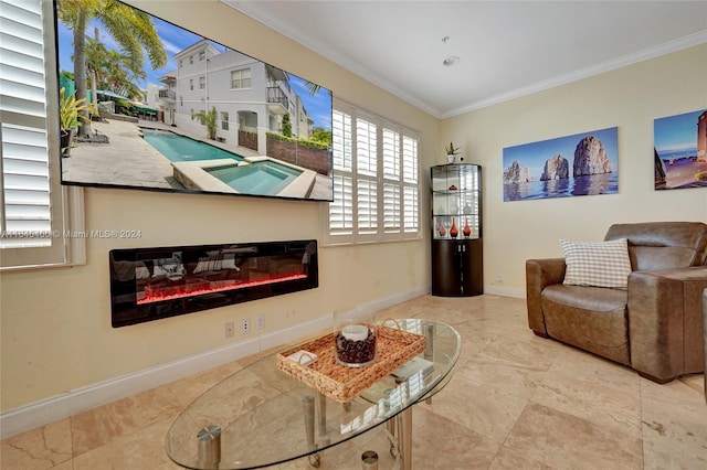 living room with light tile patterned flooring and crown molding